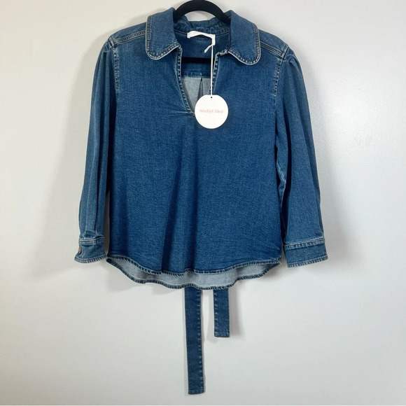 SEE BY CHLOE Tie-Neck Shirt Denim Jeans Blouse Top Preppy Puff Sleeve US 8 - Picture 8 of 16